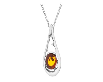 Rhodium Plated Silver Pendant with Amber