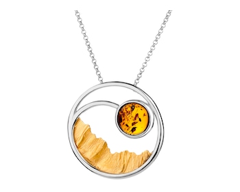Rhodium-Plated Silver, Gold-Plated Silver Necklace with Amber