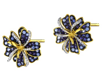 Zlaté náušnice s diamanty a safíry - květy - ryzost 585
