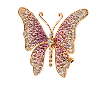 Brož - přívěsek z růžového zlata s brilianty a safíry - motýl - ryzost 750