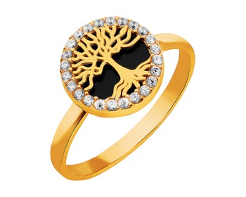 Zlatý prsten se syntetickým onyxem a zirkony - strom