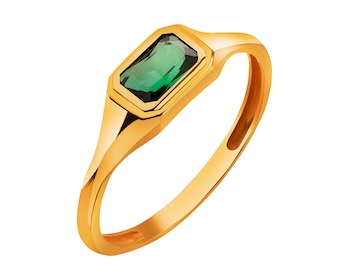 Złoty pierścionek ze szmaragdem syntetycznym - sygnet