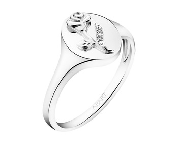 14 K Rhodium-Plated White Gold Signet Ring with Diamonds 0,006 ct - fineness 14 K