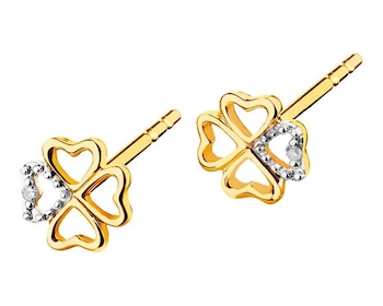 Zlaté náušnice s diamanty - čtyřlístky, srdce 0,004 ct - ryzost 585