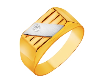 14 K Rhodium-Plated Yellow Gold Signet Ring with Cubic Zirconia