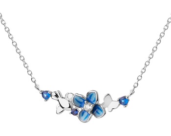 Stříbrný náhrdelník se zirkony a smaltem - květy, motýl, pták