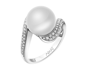 Prsten z bílého zlata s diamanty a perlou - ryzost 585