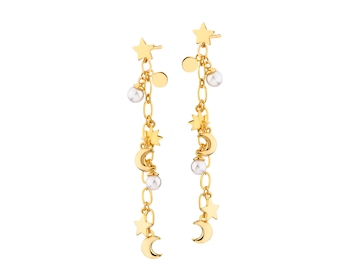 Pozlacené náušnice z mosazi s perlami - Měsíc, hvězdy, slunce