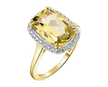 Zlatý prsten s diamanty a křemenem Lemon - ryzost 585