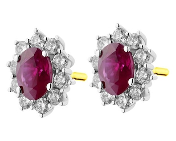 Yellow and white gold earrings with brilliants and rubies 0,90 ct - fineness 14 K