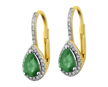 Yellow gold earrings with diamonds and emeralds - fineness 14 K