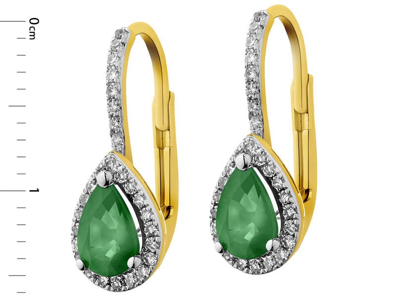 Yellow gold earrings with diamonds and emeralds - fineness 14 K