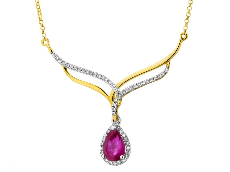 Yellow gold necklace with diamonds and ruby - fineness 14 K