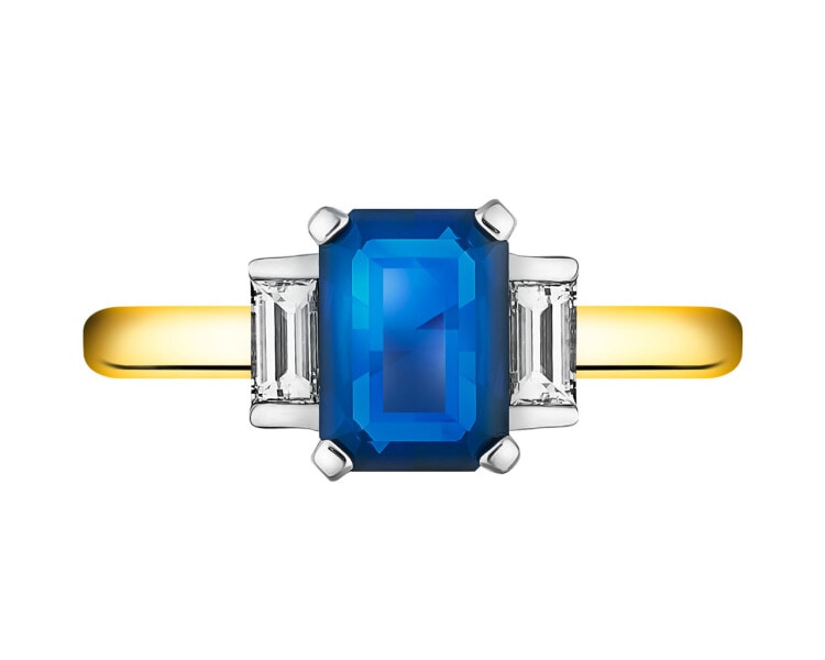 Yellow and white gold ring with diamonds and sapphire - fineness 585