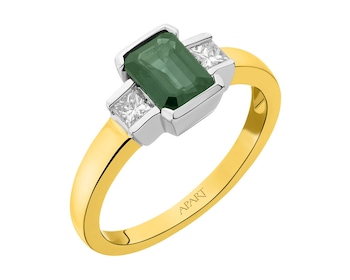 Yellow and white gold ring with diamonds and emerald - fineness 14 K