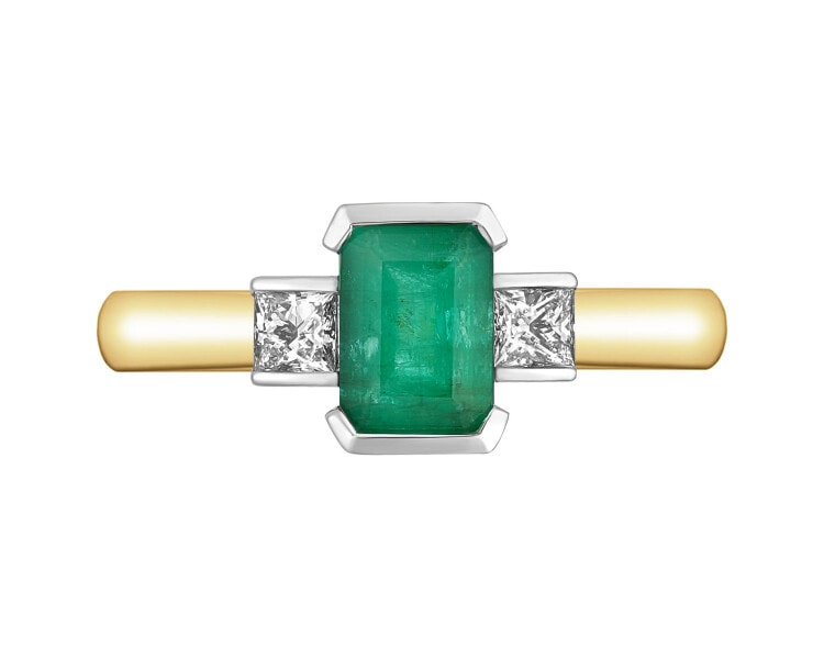 Yellow and white gold ring with diamonds and emerald - fineness 585