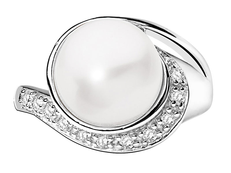 Pierścionek srebrny z cyrkoniami i perłą