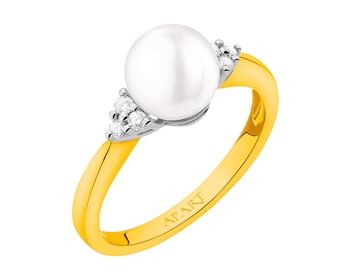 Yellow gold ring with brilliants and pearl 0,10 ct - fineness 9 K