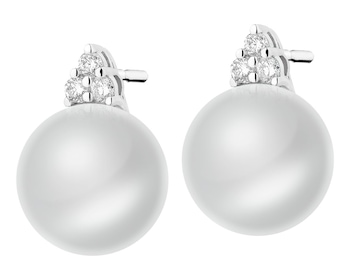 White gold earrings with brilliants and South Sea pearls - fineness 14 K