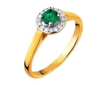 Yellow gold ring with diamonds and emerald 0,08 ct - fineness 9 K