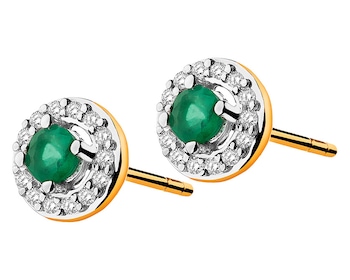 Yellow gold earrings with diamonds and emeralds - fineness 9 K