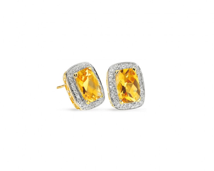 Náušnice ze žlutého zlata s diamanty a citríny - ryzost 585