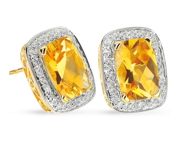 Náušnice ze žlutého zlata s diamanty a citríny 0,08 ct - ryzost 585