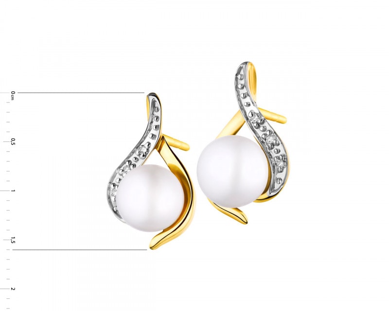 Yellow gold earrings with diamonds and pearls - fineness 9 K