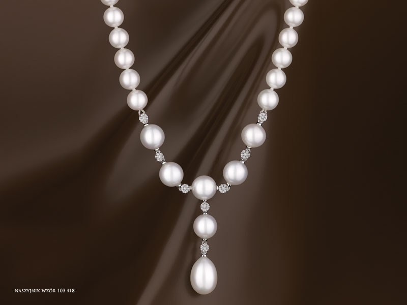 Naszyjnik z perłami, brylantami i elementami białego złota - próba 585