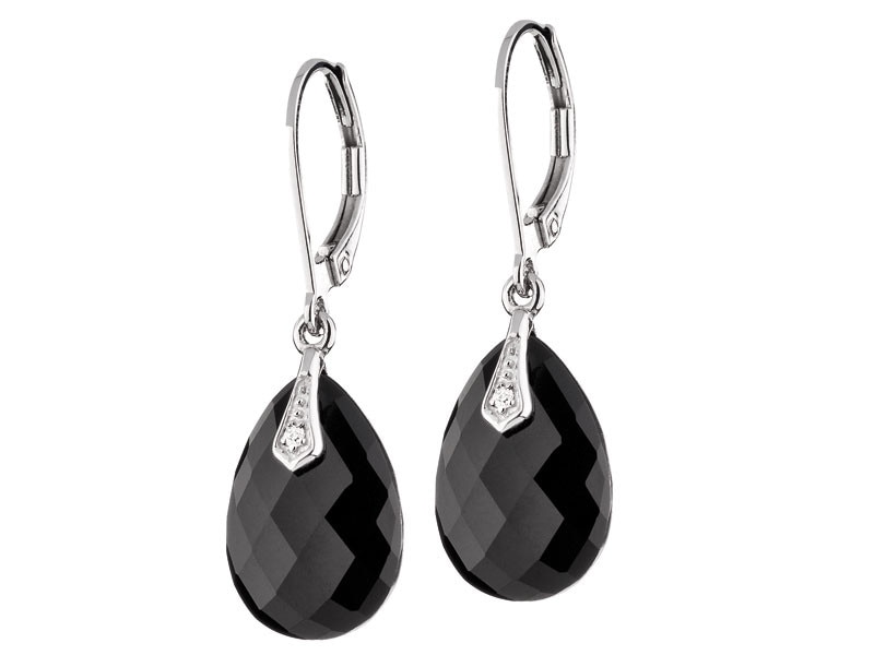White gold earrings with diamonds and onyx - fineness 14 K