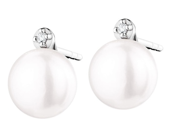 White gold earrings with diamonds and pearls - fineness 14 K