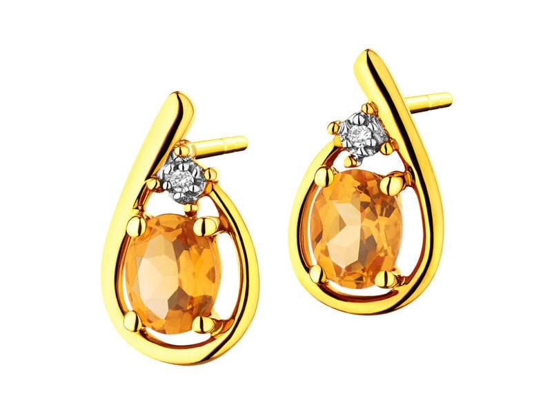 Yellow gold earrings with diamonds and citrines - fineness 9 K