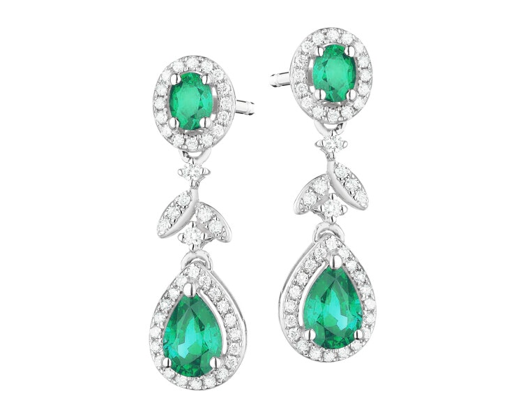 White gold earrings with brilliants and emeralds - fineness 14 K