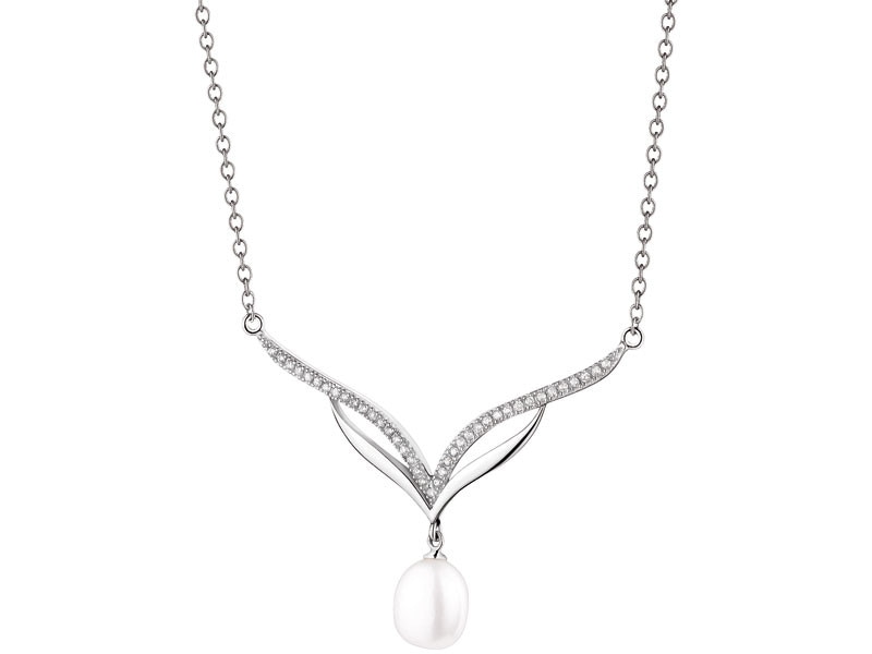 Silver necklace with pearl and cubic zirconias