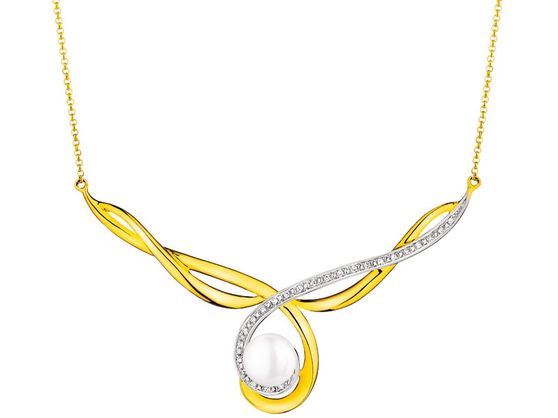 Yellow gold necklace with diamonds and pearl - fineness 14 K
