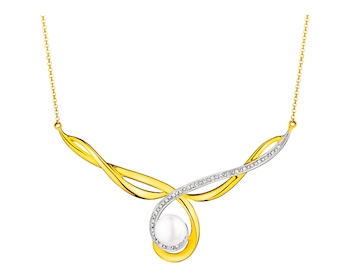Yellow gold necklace with diamonds and pearl - fineness 14 K