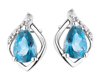 White gold earrings with diamonds and topazes (London Blue) - fineness 9 K