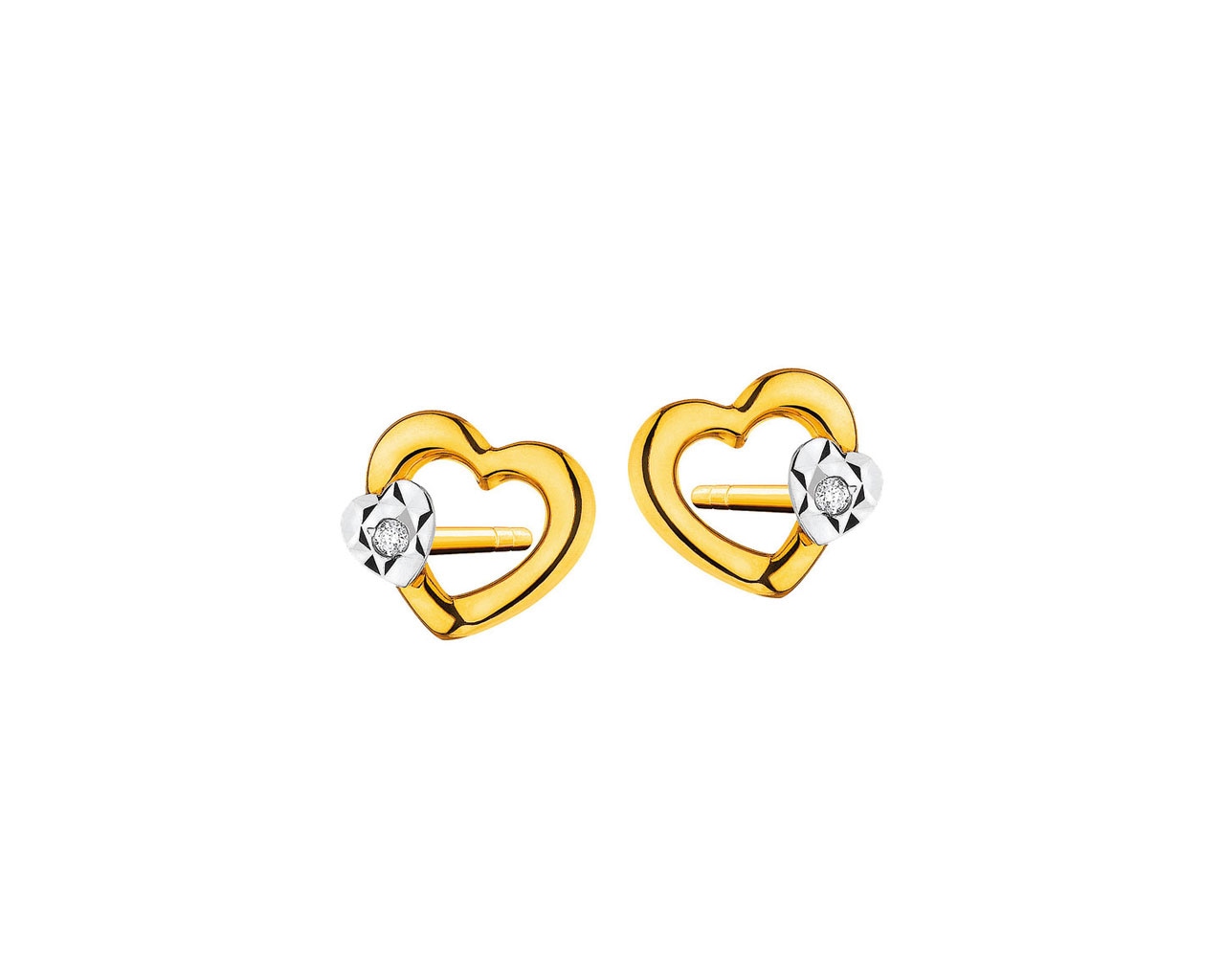 Kolczyki z żółtego i białego złota z diamentami - serca 0,008 ct - próba 585