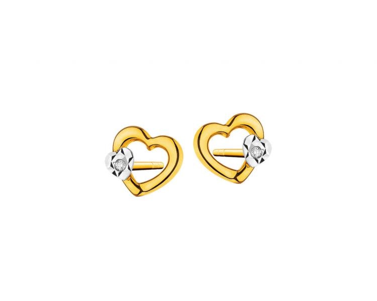 Kolczyki z żółtego złota z diamentami - serca 0,008 ct - próba 585