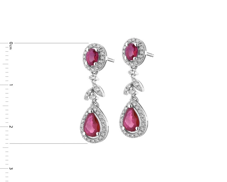White gold earrings with brilliants and rubies - fineness 14 K
