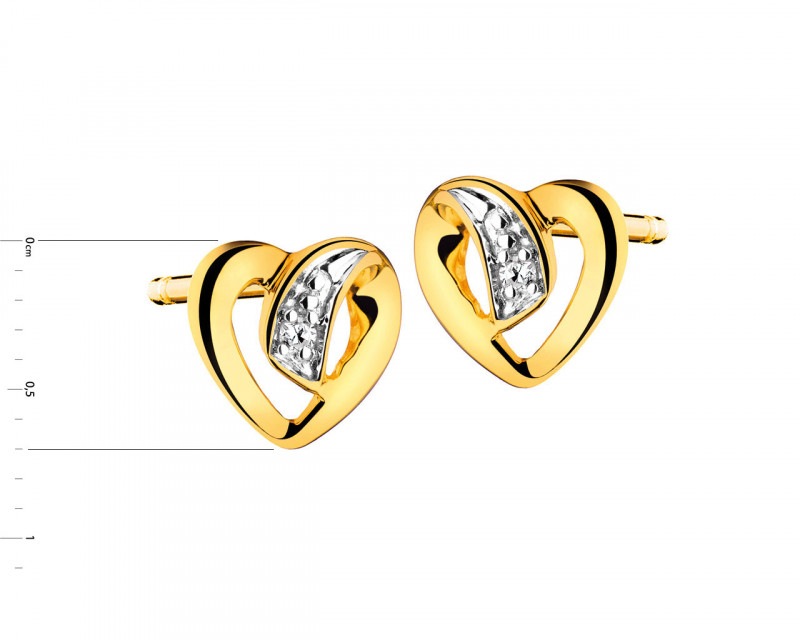 Kolczyki z żółtego złota z diamentami - serca 0,01 ct - próba 585
