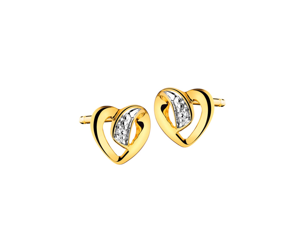 Kolczyki z żółtego złota z diamentami - serca 0,01 ct - próba 585