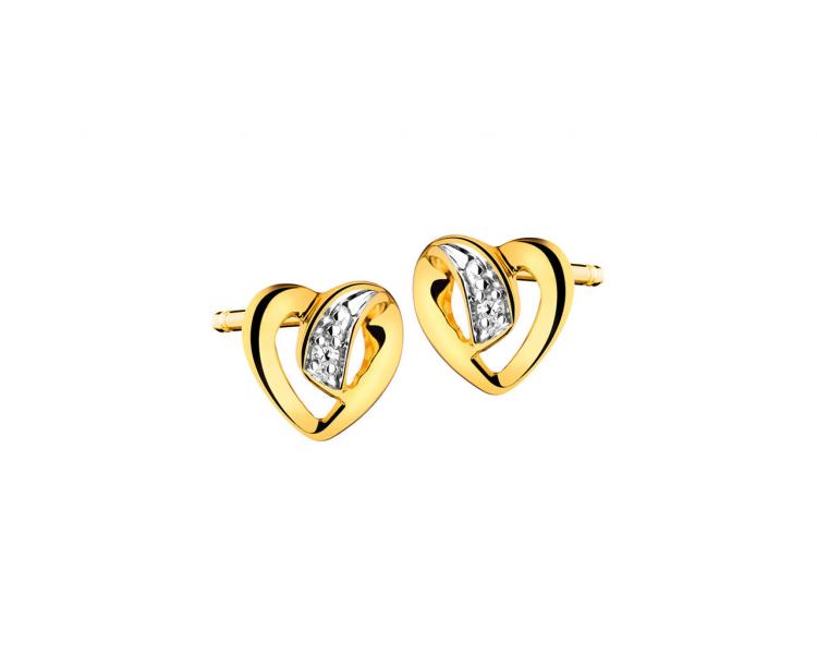 Kolczyki z żółtego złota z diamentami - serca 0,01 ct - próba 585