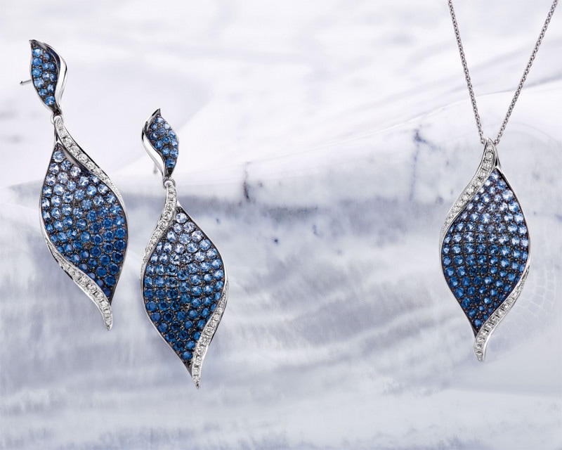 White gold earrings with diamonds and sapphires - fineness 14 K