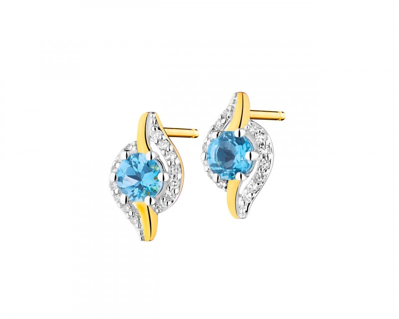 Yellow gold earrings with diamonds and topaz - fineness 14 K
