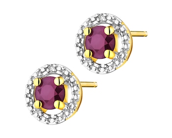 Yellow gold earrings with diamonds and ruby 0,006 ct - fineness 9 K