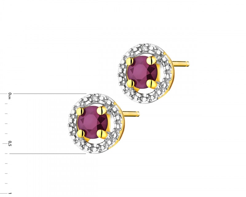 Yellow gold earrings with diamonds and ruby - fineness 9 K