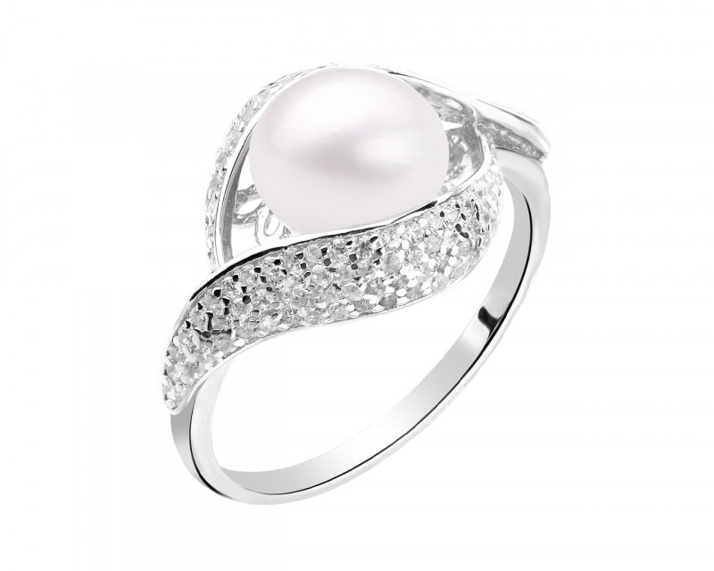 Silver ring with pearl and cubic zirconia