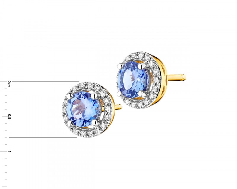 Yellow gold earrings with diamonds and tanzanite - fineness 14 K