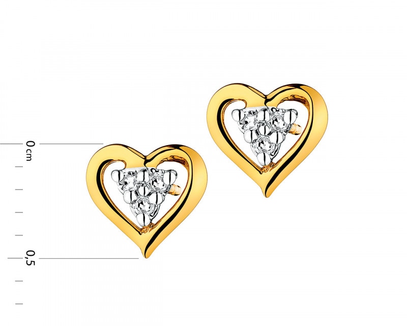 Kolczyki z żółtego złota z diamentami - serca 0,03 ct - próba 585